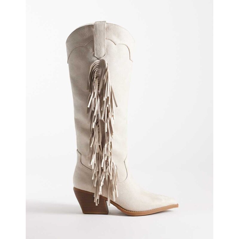 Glamorous western fringe knee boots in cream suedette-White