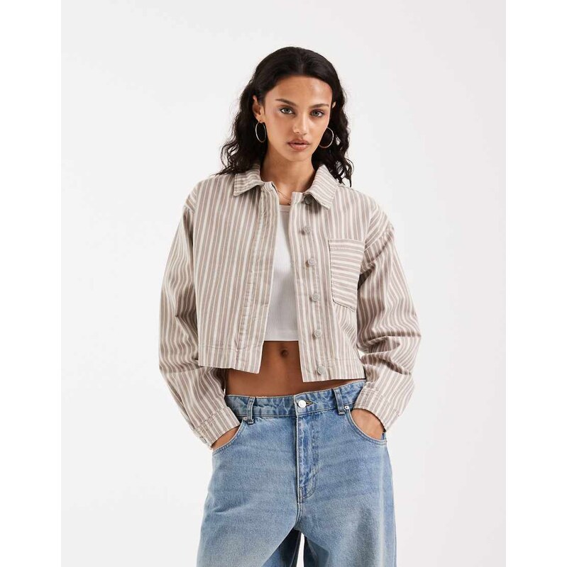 JJXX cropped twill shacket in beige stripe-Neutral