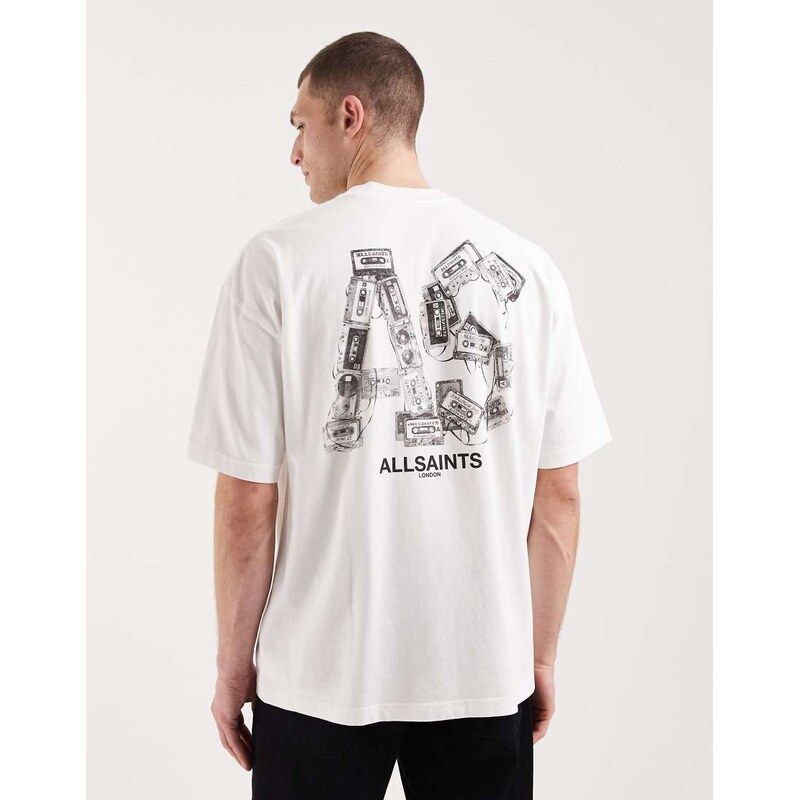 AllSaints Mixtape graphic logo t-shirt with back print in white