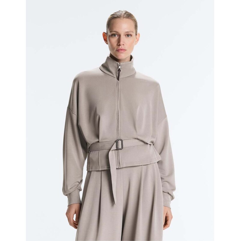 OYSHO Soft-touch modal jacket with corset belt in pale taupe-Grey 113715093