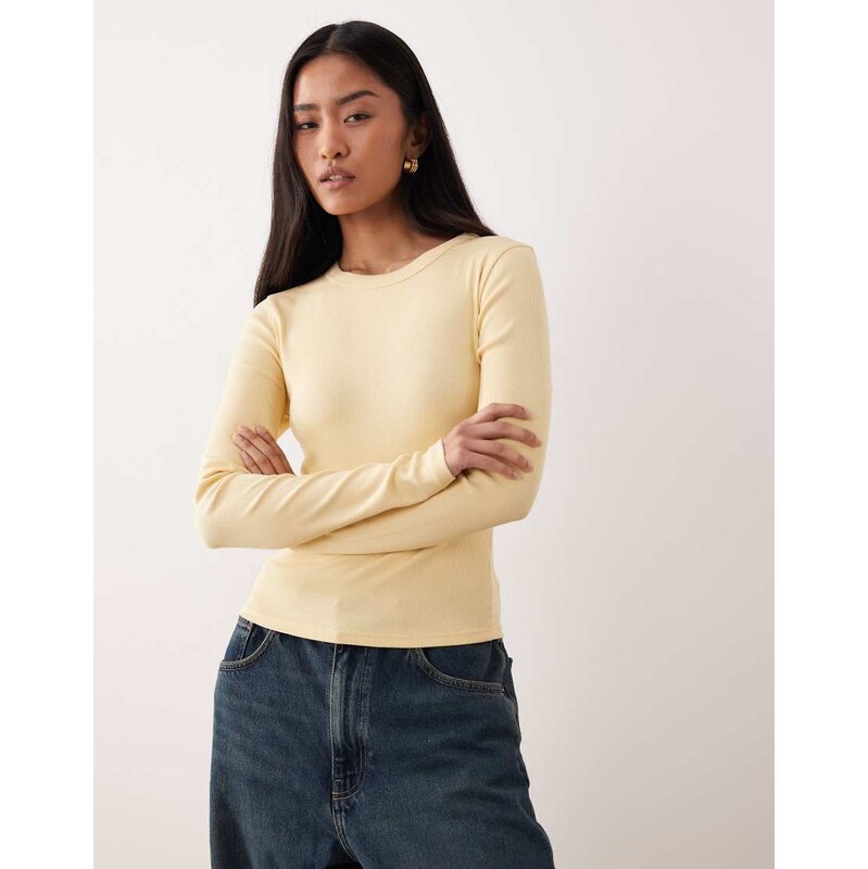 ASOS DESIGN rib crew neck long sleeve top in buttermilk-No