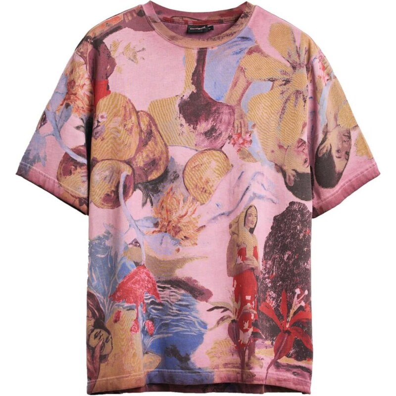 Desigual Tričko světlemodrá / světle hnědá / světle růžová / červená