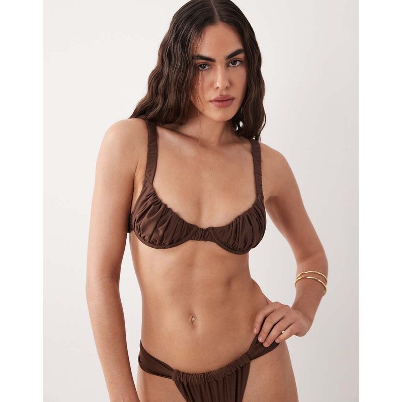 Miss Selfridge mix and match ruched cup bikini top in chocolate
