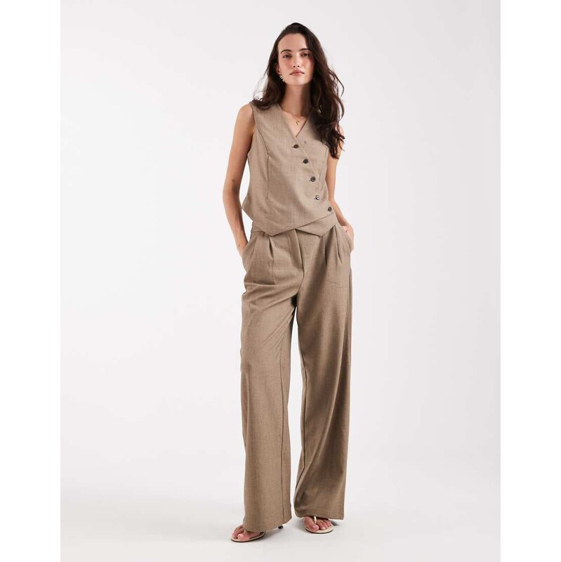 Pieces wide leg tailored trouser co-ord in light brown-Neutral