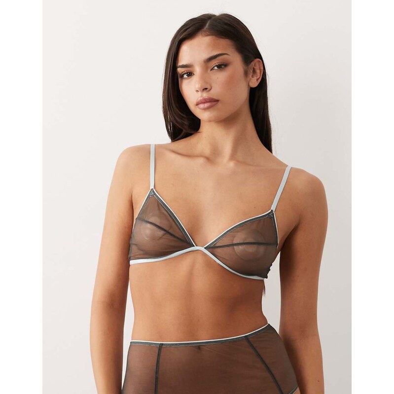 ASOS DESIGN Emilia sheer mesh triangle bra with contrast trim in grey 113714918