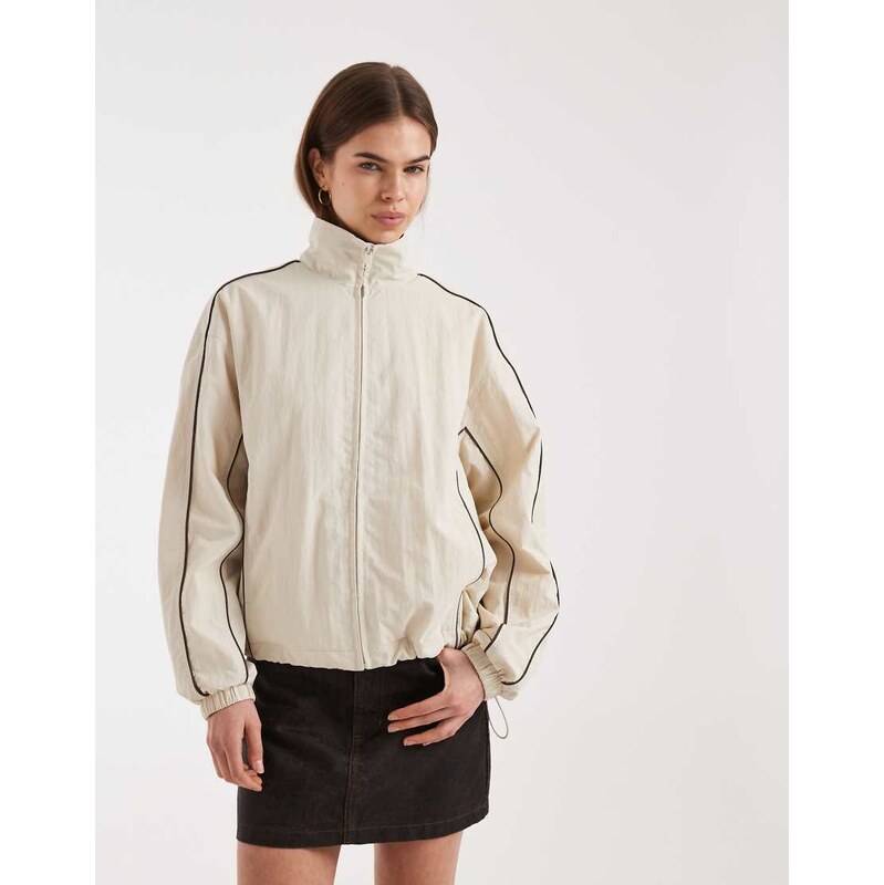 ASOS DESIGN oversized track jacket in cream with brown piping-Neutral 114569427
