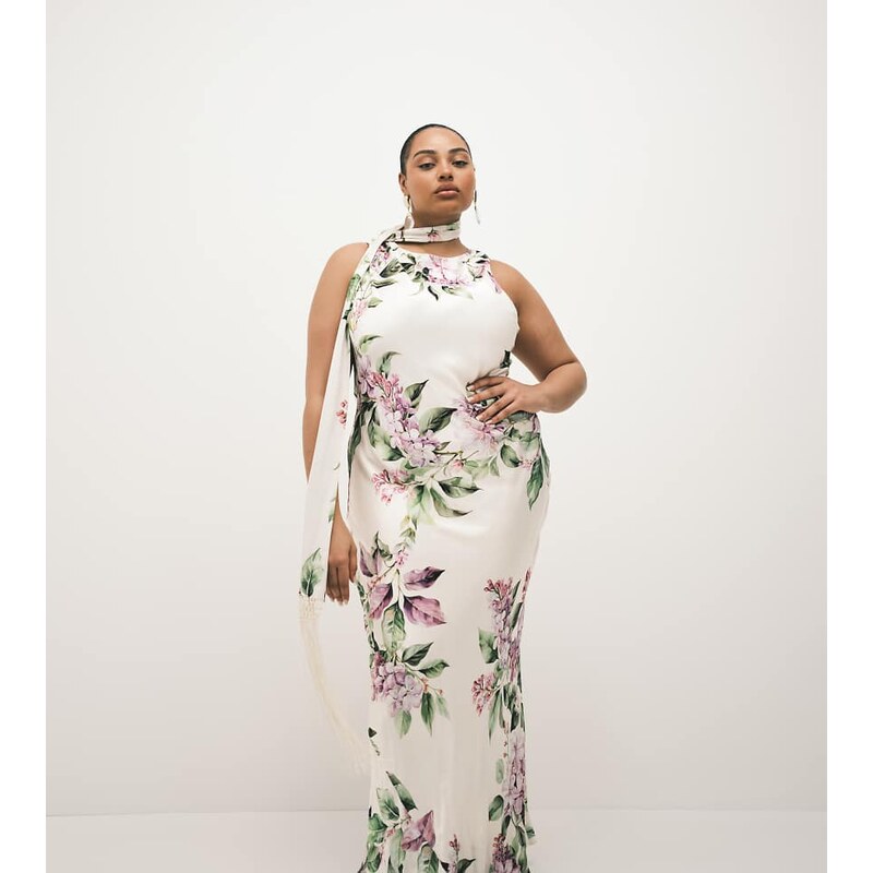 Forever New Curve tassel scarf satin maxi in ivory floral print