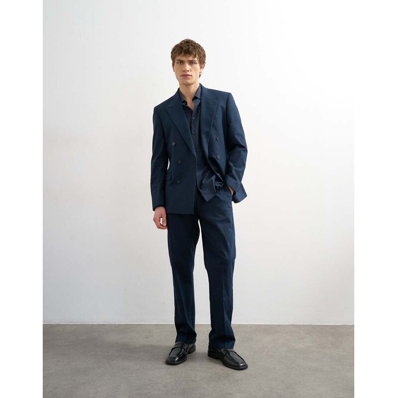Topman straight fit linen rich trousers in navy
