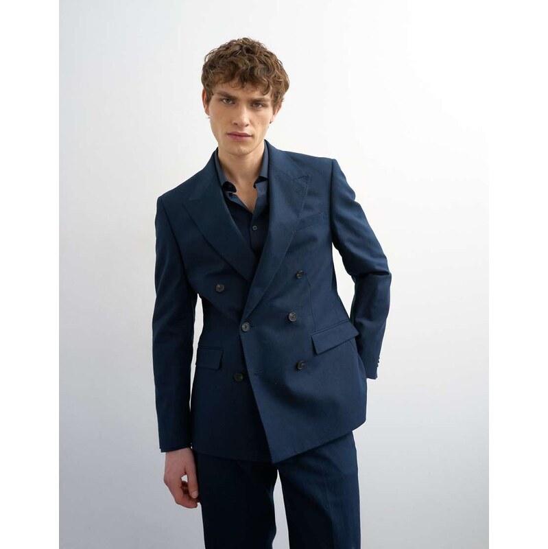 Topman double breasted linen rich blazer in navy