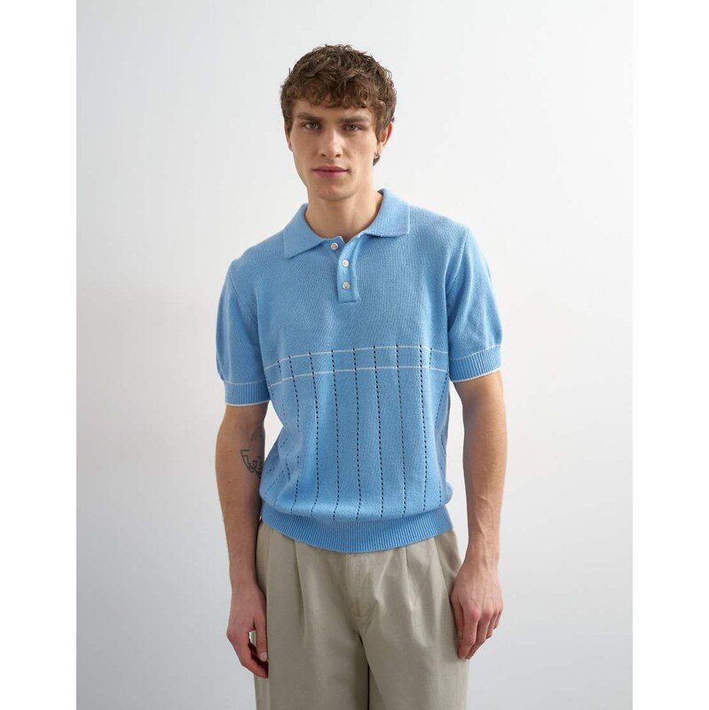 Topman classic fit pointelle knitted polo in light blue