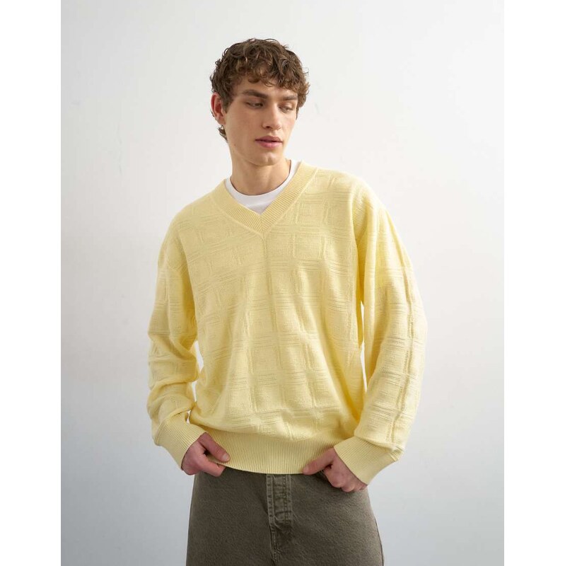 Topman relaxed fit knitted v-neck jumper with texture in yellow