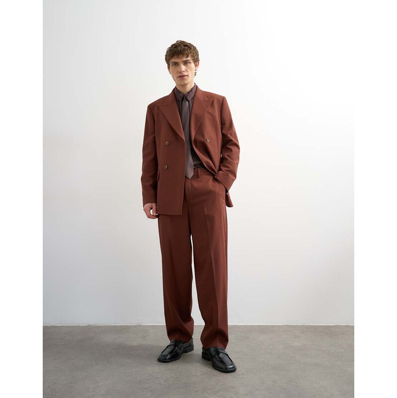 Topman relaxed fit wool touch suit trousers in rust-Brown