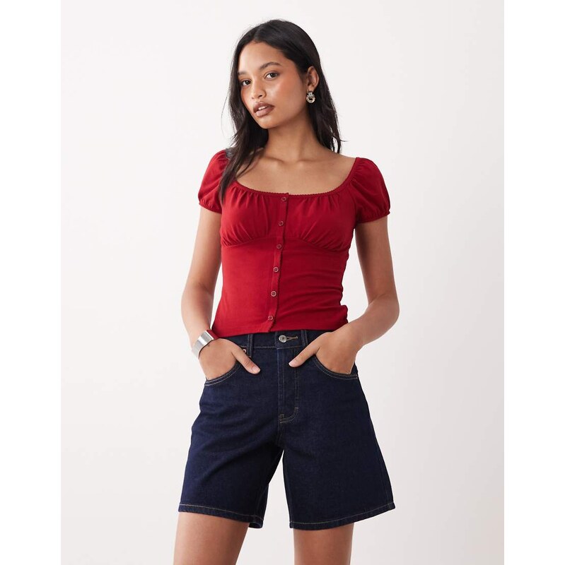 Miss Selfridge button detail milkmaid top in red 113745740