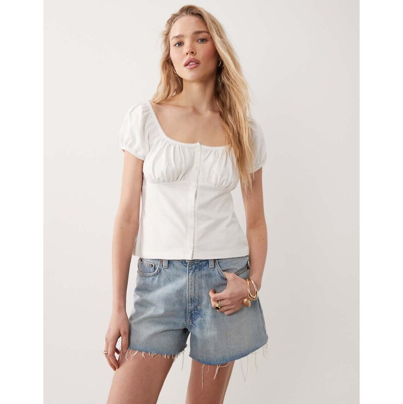 Miss Selfridge button detail milkmaid top in white 115516968