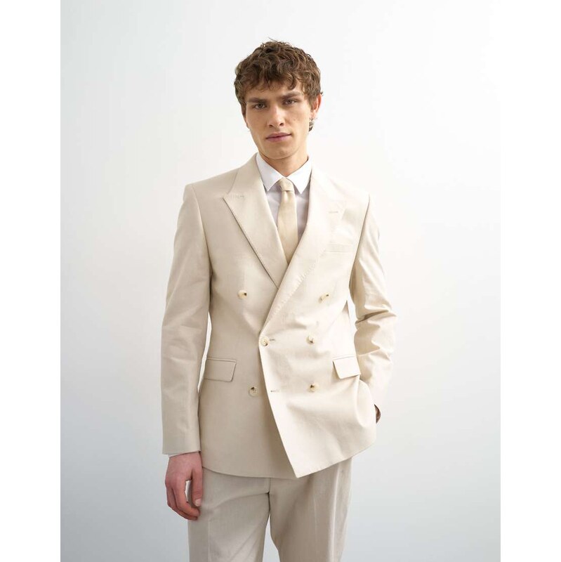 Topman double breasted linen rich blazer in stone-Neutral