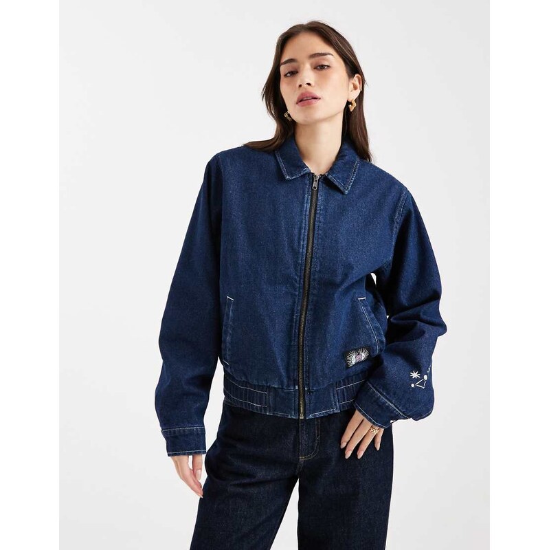 Santa Cruz denim zip up bomber jacket in dark denim-Navy