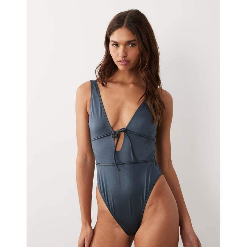ASOS DESIGN Maya Bora Bora tie front low back swimsuit in charcoal 115519925
