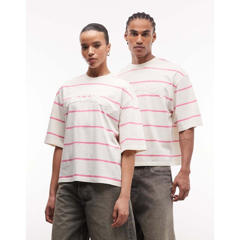 COLLUSION Unisex oversized stripe logo t-shirt in yellow and