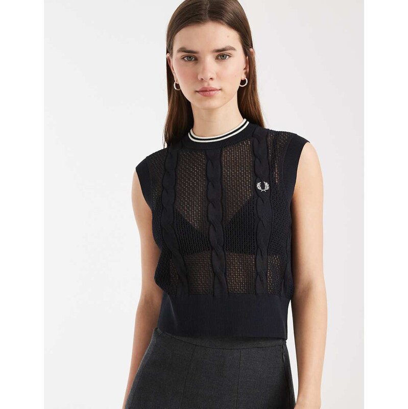 Fred Perry mesh cable knit logo tank top in black-Navy 113739402