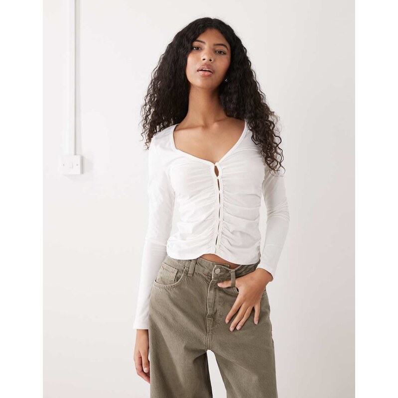 Monki ruched button open jersey top in white