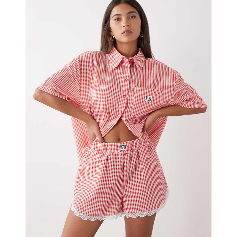 Noisy May seersucker shorts co-ord with lace trim in red gingham 113742546
