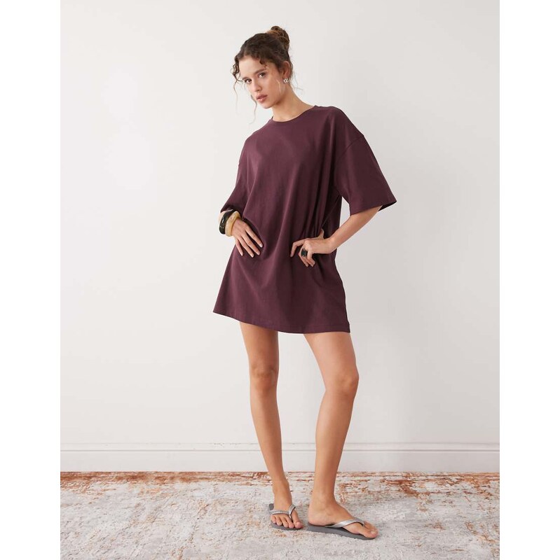 Weekday oversized t-shirt dress in burgundy exclusive to ASOS