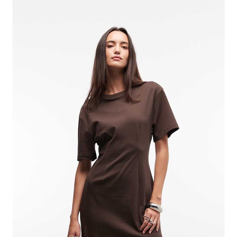 Monki cinched waist t-shirt mini dress in chocolate brown