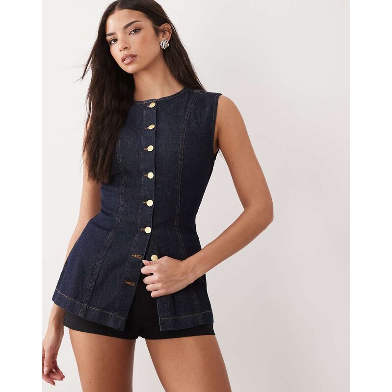 ASOS DESIGN denim long line waistcoat in indigo-Blue