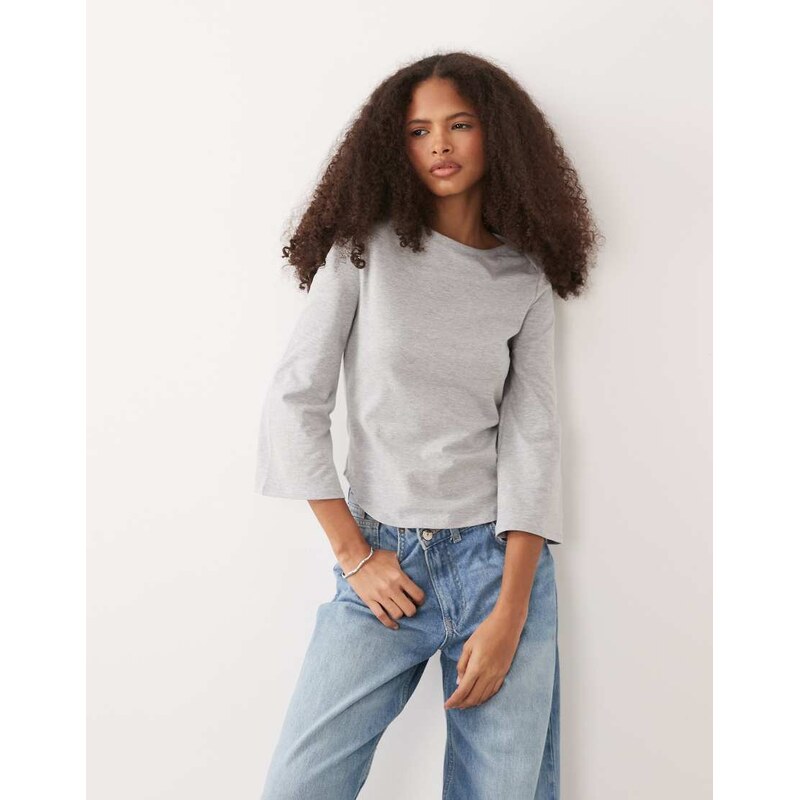 ASOS DESIGN 3/4 sleeve top with boat neck in grey 113734852