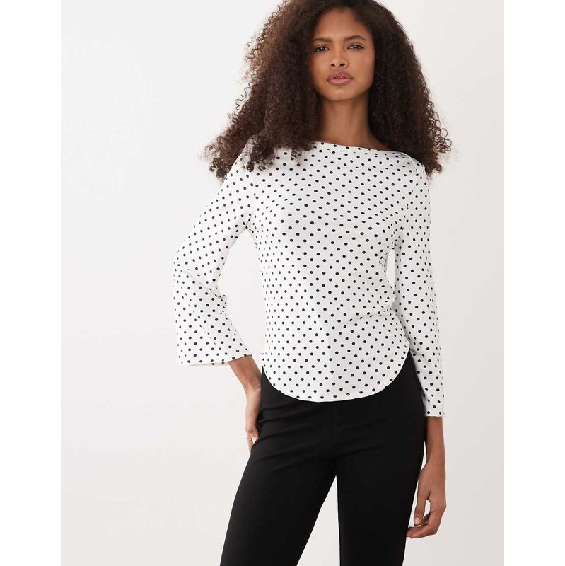 ASOS DESIGN 3/4 sleeve top with boat neck in mono polka dot-Multi 113734854