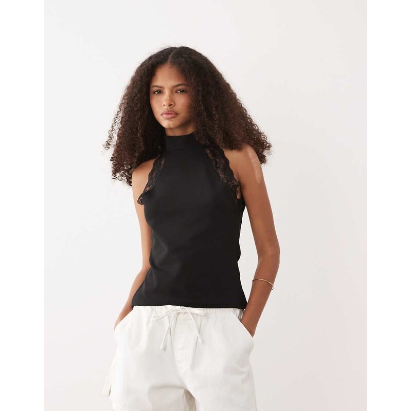 ASOS DESIGN halter neck with lace trim top in black