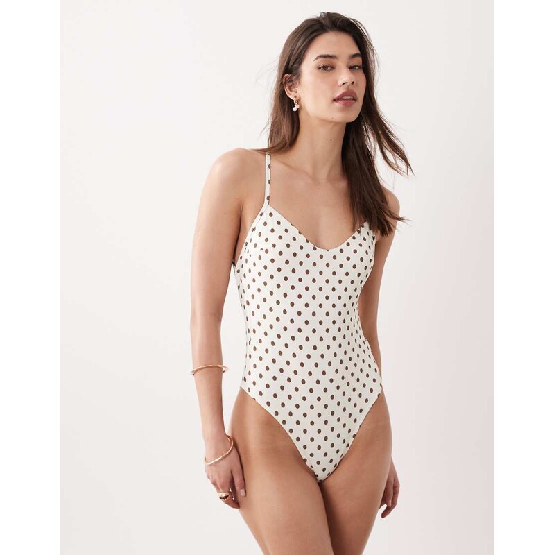 Free Society polka dot swimsuit in brown and cream-White 113739354