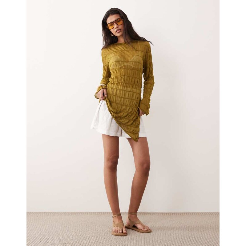 Miss Selfridge shirred asym sheer knit top in olive-Green 113739359