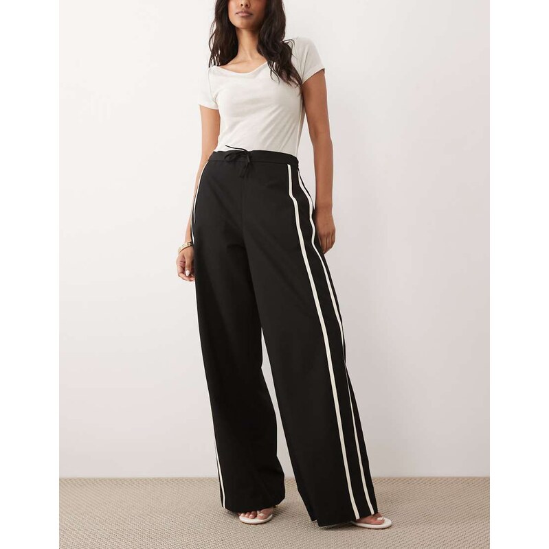 Mango tie waist straight trouser with side stripe in black