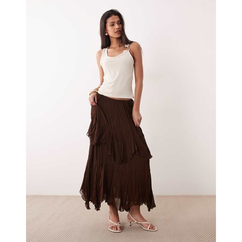 Mango Ceci ruffle maxi skirt in chocolate-Brown