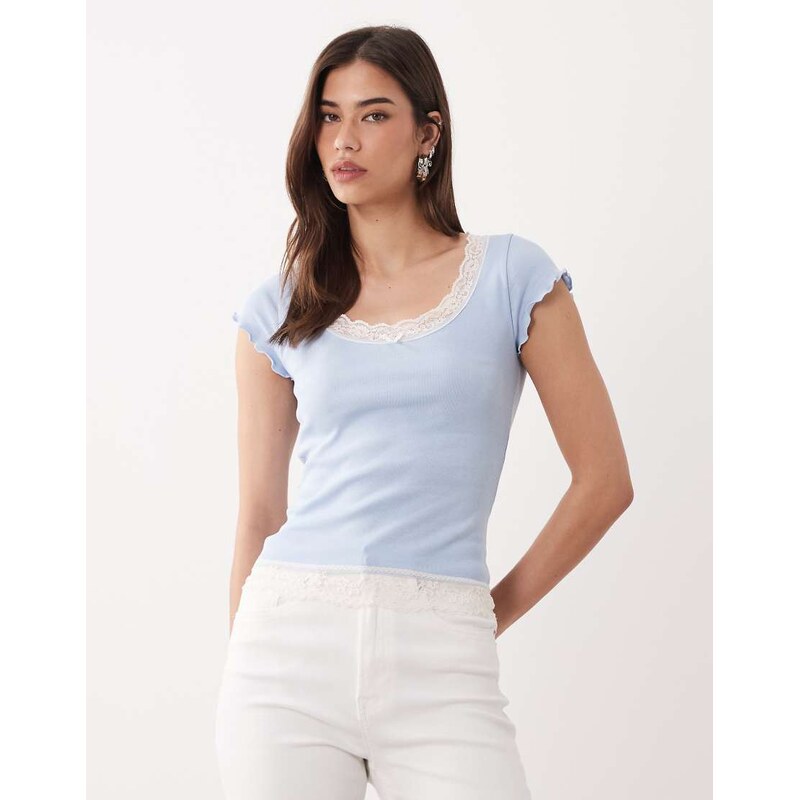 Miss Selfridge scoop neck fitted rib top with lace trim in light