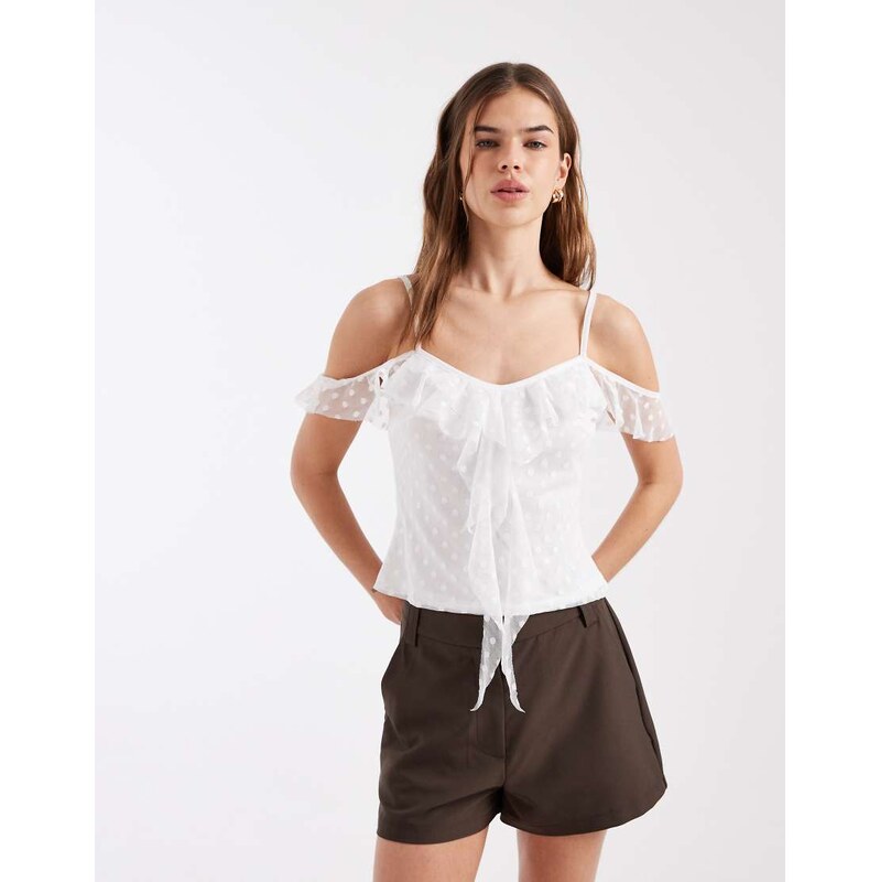 Miss Selfridge ruffle front cold shoulder top in cream polka dot
