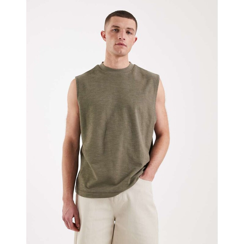 ASOS DESIGN oversized tank in khaki slub texture-Green