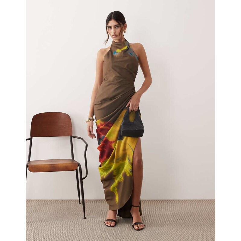ARRANGE halter neck maxi dress in abstract floral print-Multi