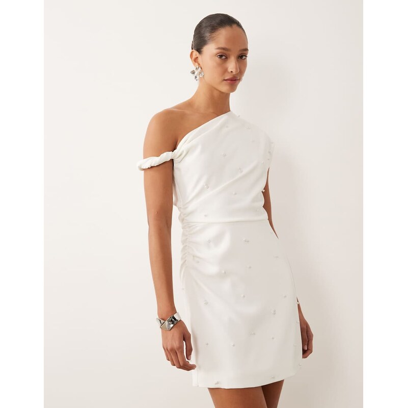 Six Stories Bridal fallen shoulder pearl detail mini dress in white 113745774