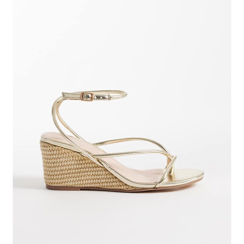 London Rebel Wide Fit Mary Wedge heeled strappy sandal in gold