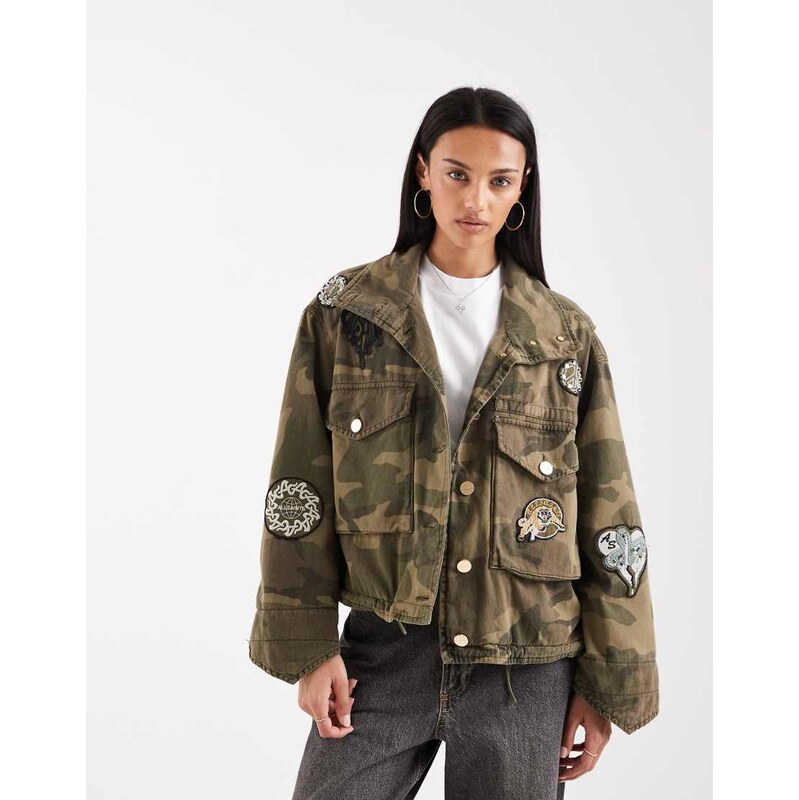 AllSaints clay funnel neck camo patch jacket in green 114377595