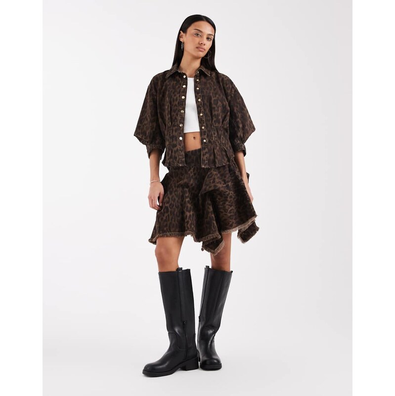 AllSaints nancy balloon sleeve leopard print denim top in brown 114375363