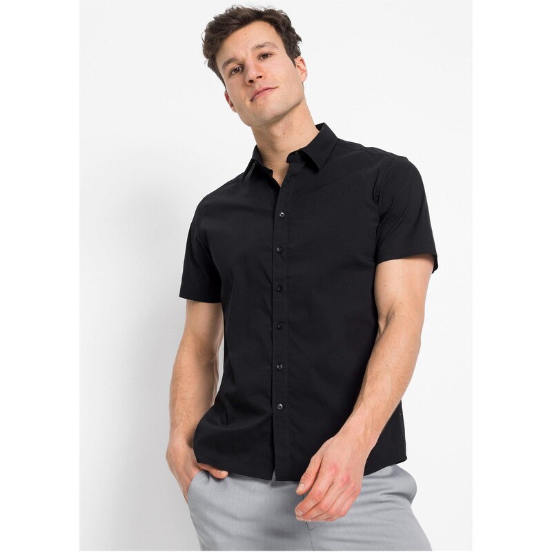bonprix Strečová košile Slim Fit, krátký rukáv černá Muž