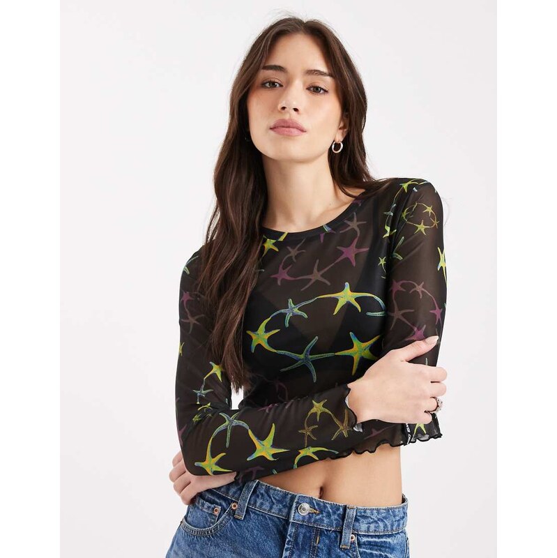 Santa Cruz long sleeve mesh crop top in starfish print-Black