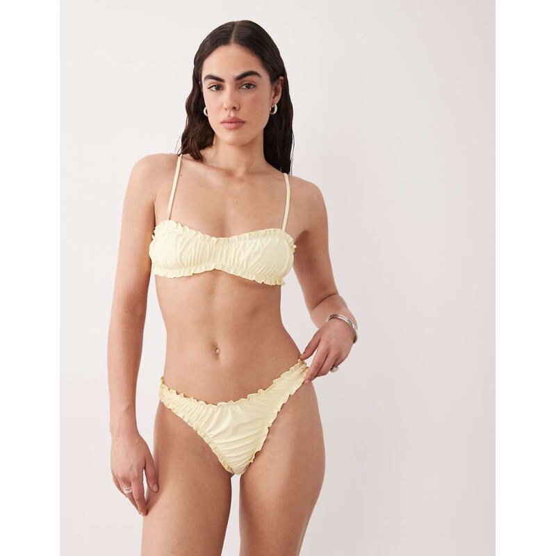 Miss Selfridge ruched frill bikini bottom in buttermilk-Yellow