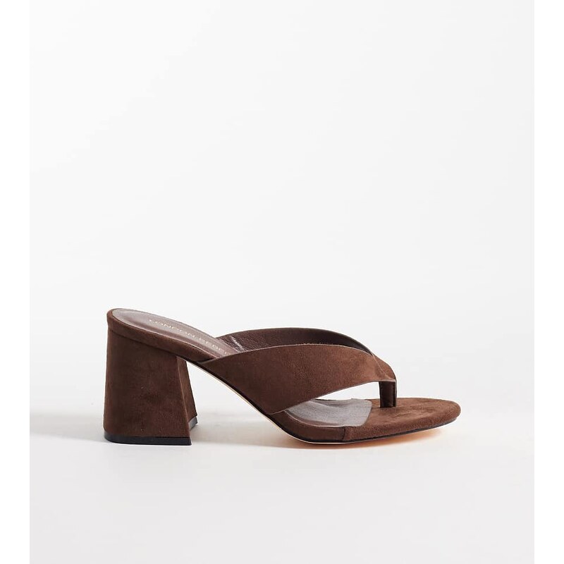 London Rebel Wide Fit Elle heeled thong sandal in chocolate-Brown 114154554