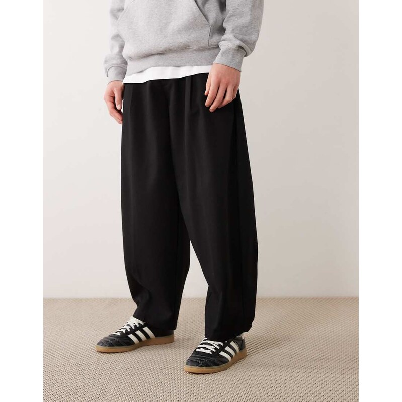 ASOS DESIGN tailored pleated wide barrel leg trousers with wool in black herringbone