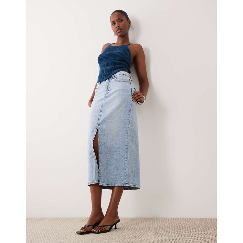 Vila high waisted denim front split midi skirt in light blue