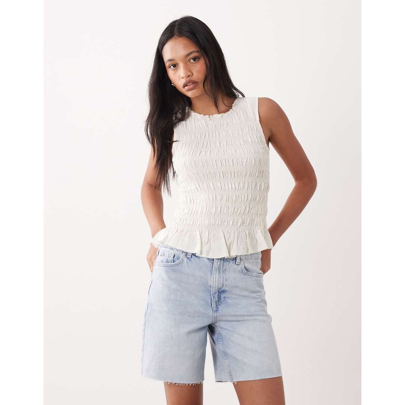 Brave Soul shirred top in off white with ruffle hem